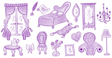 Naklejka na ściany i meble Cute funny doodle classic baroque style furniture set. Hand drawn bright colorful vintage furniture collection on white background isolated. Vector illustration.