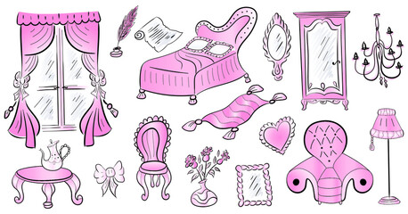 Cute funny doodle classic baroque style furniture set. Hand drawn pink colorful vintage furniture collection on white background isolated. Vector illustration.