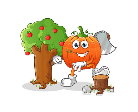 orange pumpkin chopping tree with axe