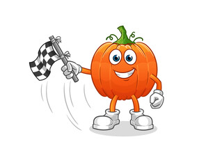 pumpkin hold finish flag. cartoon mascot vector