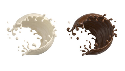 Dark Chocolate and White Chocolate and Milk splash isolated on white background Include clipping path