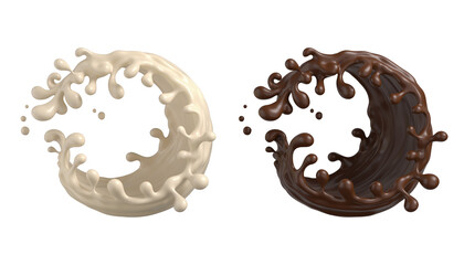 Dark Chocolate and White Chocolate and Milk splash isolated on white background Include clipping path