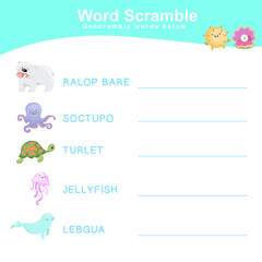 Spelling Word Scramble Game Sea Animals Edition. Worksheet for learning English. Educational activity for preschool kids. Preschool Education. Vector illustration.