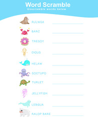 Spelling Word Scramble Game Sea Animals Edition. Worksheet for learning English. Educational activity for preschool kids. Preschool Education. Vector illustration.