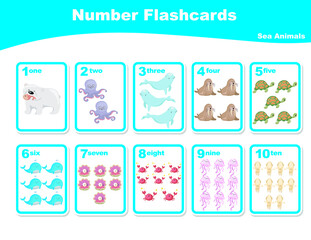 Cute number flashcards with sea animals set. English counting 1 to ten. Worksheet for learning English. Educational activity for preschool kids. Preschool Education. Vector illustration.