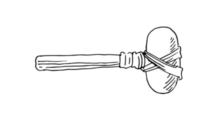 Hammer made of stick and stone. Ancient man's tool. Outline sketch. Hand drawing is isolated on a white background. Vector