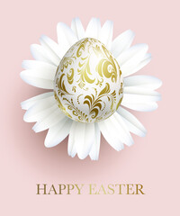 Happy Easter card. A painted egg with a golden pattern - 482142394