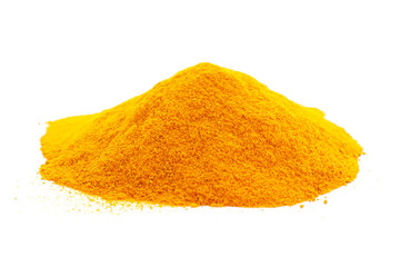 Heap of turmeric powder isolated on white background, close-up. Yellow turmeric powder. Indian...