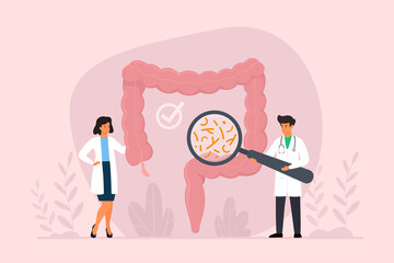 Diagnosis and treatment of the bowel. Tiny doctors examining human intestine. Intestinal inflammation, colitis, dysbacteriosis. Vector illustration.