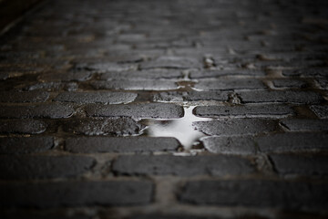 Laneway pavers bricks road cobble stones wet puddle rain water reflection pattern dark moody