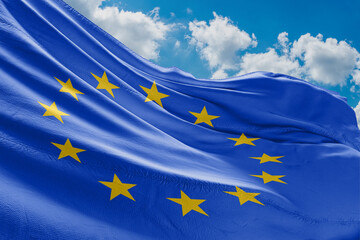 EU flag background with fabric texture. Flag waving in the wind