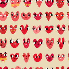 Seamless pattern with cute funny hearts faces in trendy style. Cool romantic print. Modern vector illustration.