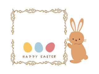 Easter card with bunny, gold frame and eggs isolated on white background vector illustration.