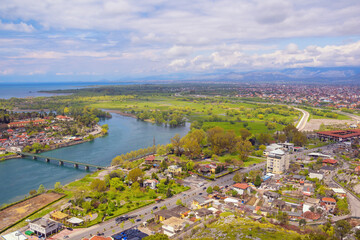 Albania. View of  Buna river, Shkoder city and Shkodra Lake on sunny spring day