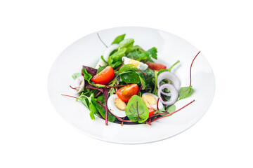 easter salad quail egg holiday snack tomato, lettuce mix leaves healthy meal food on the table copy space food background rustic top view 