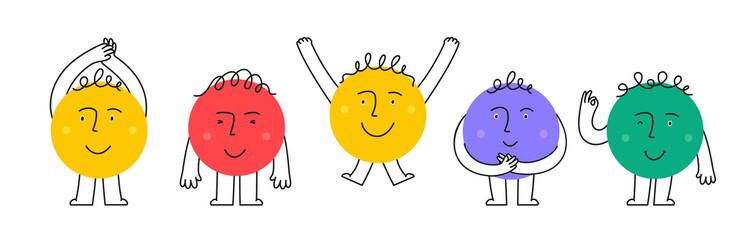 Set of cute colorful characters with facial expressions. Cartoon faces circles with arms and legs.