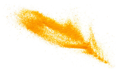 Turmeric powder pile isolated on white background, top view. Yellow turmeric powder. Indian spice,...