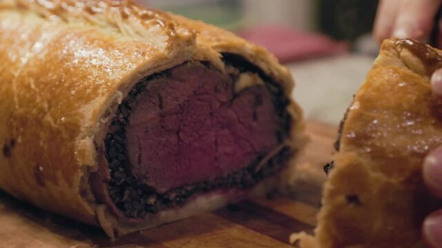 Delicious beef wellington, roast meat, beef tenderloin, puff pastry