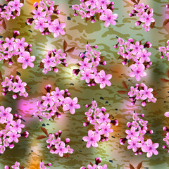 Seamless background pattern of branches pink Japanese cherry flower, abstract floral background in a random arrangement square format, spring motif for textiles. Sakura flowers texture. Vector