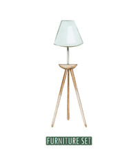 Hand painted watercolor furniture element of a modern cozy interior. Natural materials. Floor lamp on a white background from the "Furniture set".