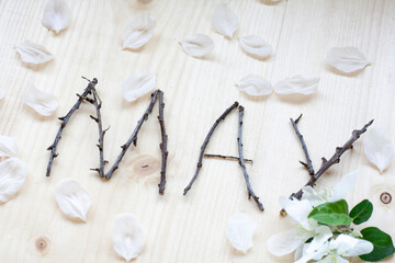 Letters made of twigs as word "may" on wooden textured background with lot of white delicate petals of cherry sakura flowers.