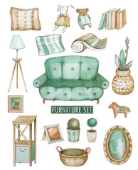 Color watercolor furniture set. Vintage accessories. Horse, sofa, floor lamp, rattan, vase, mirror, shelf, pillows and blanket. Pastel colors. Scandinavian style. Illustration from "Furniture Set".