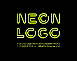 Trendy neon font, modern alphabet from thick segment rounded line, uppercase Latin letters and numbers