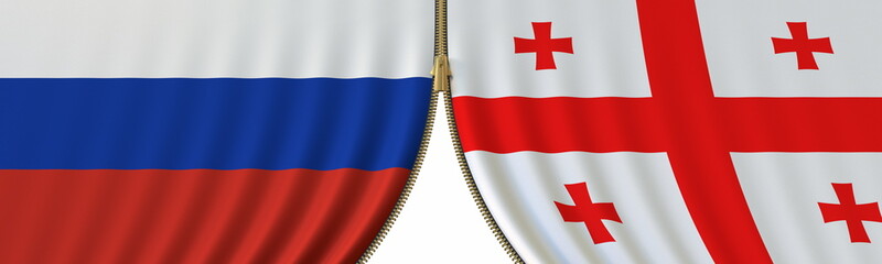 Russia and Georgia political cooperation or conflict, flags and closing or opening zipper, conceptual 3D rendering