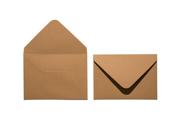 Top view photo of two open and closed craft paper envelopes on isolated white background with...