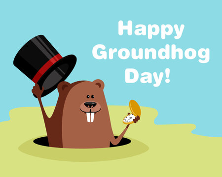 Happy groundhog day celebration. Funny vector cartoon illustration with marmot.