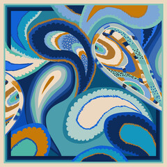 Modern hand drawn paisley scarf print in blue tones. Abstract trendy ethnic style. Fashionable vector template for your design. 