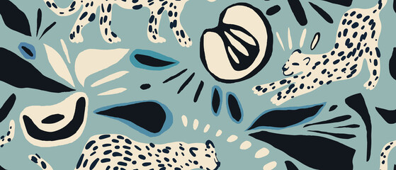 Hand drawn abstract pattern with leopards and various organic shapes. Collage contemporary print. Fashionable template for design. Ethnic style. © Irina