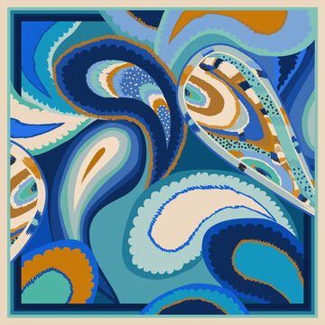 Modern Hand Drawn Paisley Scarf Print In Blue Tones. Abstract Trendy Ethnic Style. Fashionable Vector Template For Your Design. 