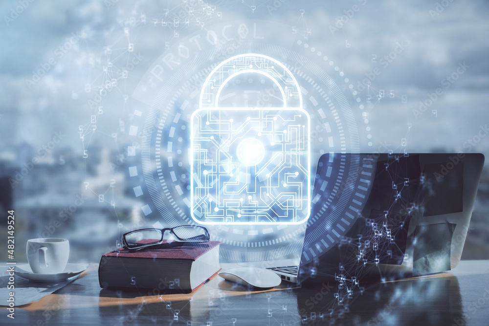 Poster Multi exposure of lock drawings and desk with open notebook background. Concept of security