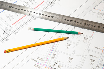 Engineering drawings in close-up. Engineering drawings with a ruler and pencils.