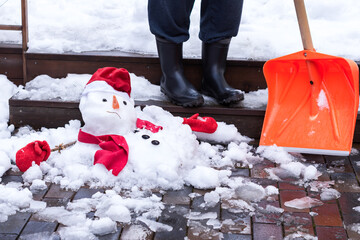 Unhappy snowman in mittens, red scarf and cap is melting  outdoors on wet pavement and man in boots...
