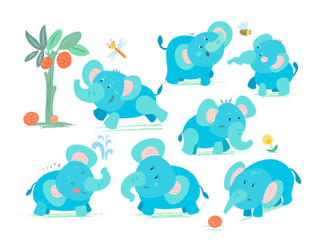Set of elephants with different emotions and poses. African animals in cartoon style for design. Vector illustrations, full color.