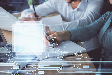 Double exposure of data theme sketch drawing over people writing background. Concept of technology