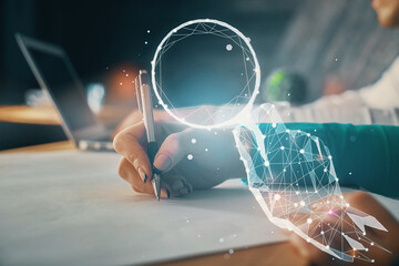 Double exposure of creative drawing over people taking notes background. Concept of startup