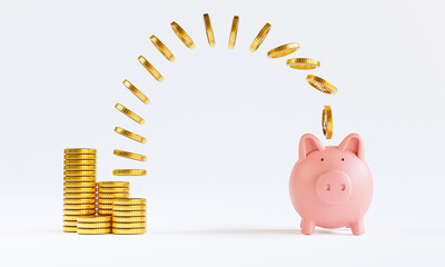 Golden coins stacking and flying to pink pink piggy save money on white background for deposit and financial saving growth concept by 3d render.