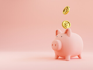 Golden coins putting to pink pink piggy save money on pink background for deposit and financial saving growth concept by 3d render.