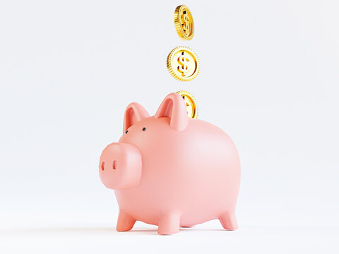 Golden coins putting to pink pink piggy save money on white background for deposit and financial saving growth concept by 3d render.
