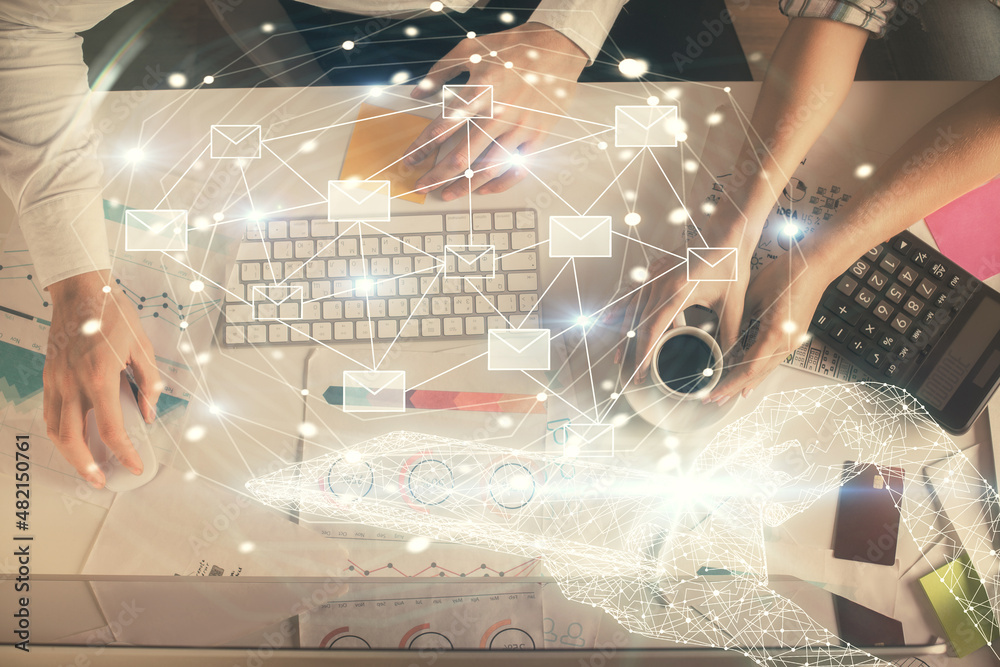 Poster double exposure of man and woman working together and the envelop hologram drawing. computer backgro