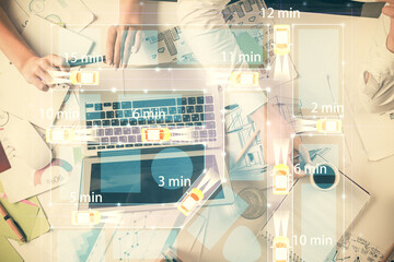 Double exposure of man and woman working together and a car hologram drawing. Autopilot concept. Computer background.