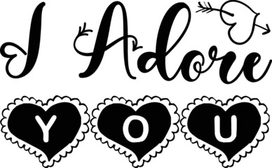 I adore you Heart arrow vector, illustration for 14 February,Valentines Design vector black and white hand lettering inscription