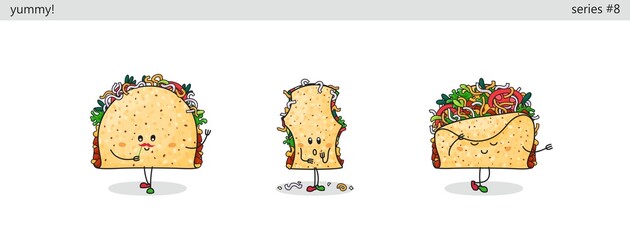 Tacos. Set of cute kawaii characters. Funny cartoon fast food icons in different situations. Vector comic style graphics