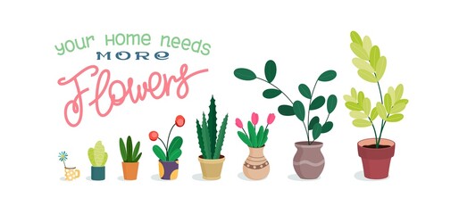 Plants and flowers for the home. Set of different flower pots and vases with plants. Interior decoration. Simple cartoon graphics. Vector illustration