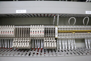 Terminal for wiring ,Control system wiring in terminal fuse ,electric wires and cables on electrical terminal blocks, power distribution wiring main panel