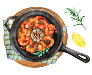 Watercolor Shrimps on frying  pan with garlic and lemon