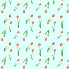 チューリップ 水彩風 赤 背景水色 シームレスパターン